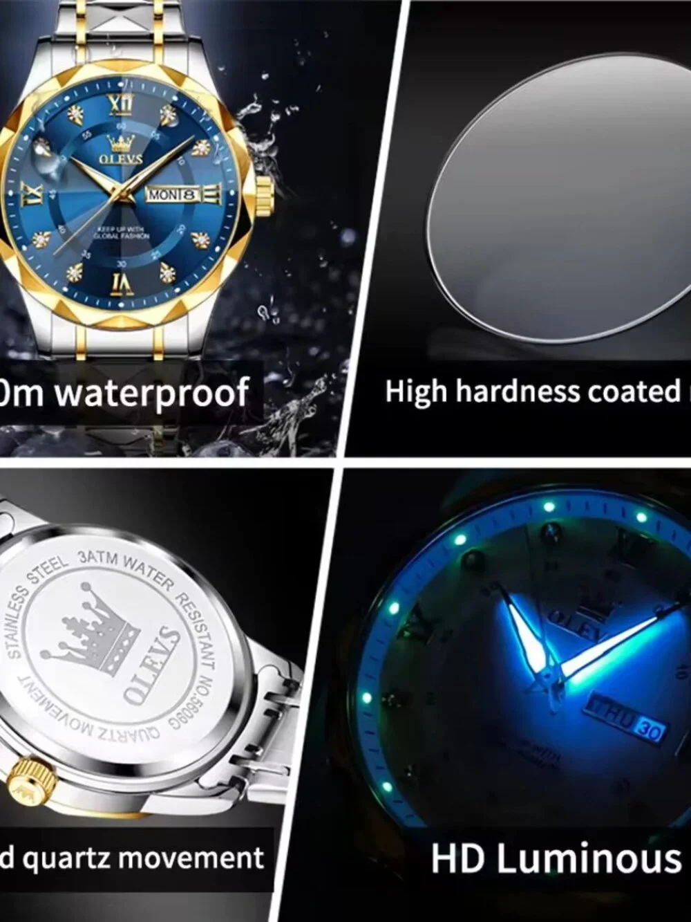 OLEVS Men's Luxury Quartz Watch Blue Gold Stainless Steel Waterproof Roman Dial